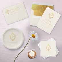 Vintage Elegant Faux Gold Crest Ivory Baptism