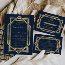 Vintage Deco Navy Blue Gold Hexagon Wedding Suite