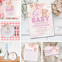 Pink Watercolor Bear Baby Shower Girl