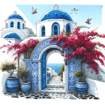 Mediterranean Region Tiles & Floral Bougainvillea 