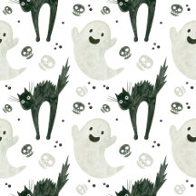 Watercolor Black and White Cat, Ghost, and Skull