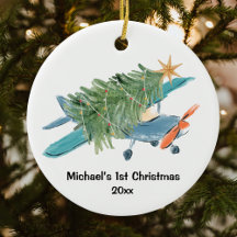 First XMAS Blue Biplane Airplane Tree Watercolor