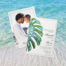 Elegant Tropical Monstera Leaf Gold Beach Wedding