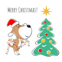Merry Christmas Tree Cute Dog Puppy in Santa Hat