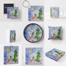 Merry Christmas Tree And Frosty Snowman Watercolor