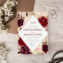 Modern watercolor burgundy floral invitation suite