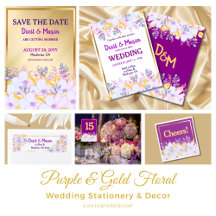 Purple Gold Floral Wedding Stationery and Decor
