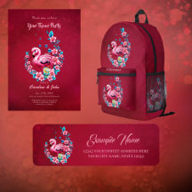 Elegant flamingo with tropical flowers