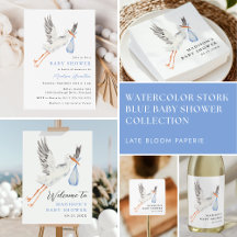 Watercolor Stork Blue Baby Shower