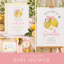 Citrus pink bow lemon baby shower suite