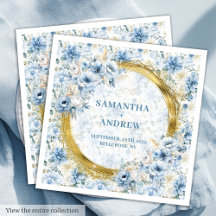 Boho Dusty Blue Flowers Gold Wedding Napkins 192W