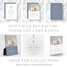 Dusty Blue Boy Baptism Thank You Card & Gifts