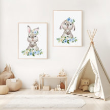 Cute Bunny, Blue Flowers Nursery Prints