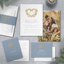Golden heart monogram on dusty blue wedding
