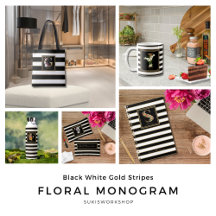 Black White Gold Stripes -  Floral Monogram