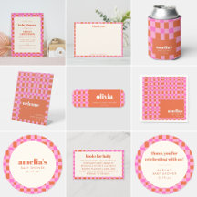 Mod Pink Orange Abstract Checkerboard Baby Shower