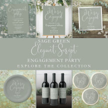 Sage Green Elegant Script Engagement Party Suite