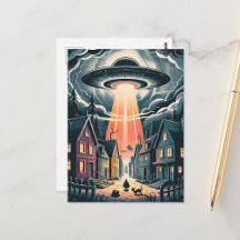 Retro UFO Abduction Night Scene Illustration