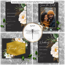 Modern Elegant White Peonies Black Wedding