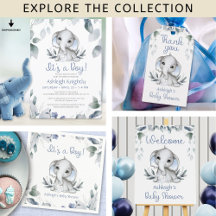 Cute Blue Elephant Watercolor Greenery Baby Shower
