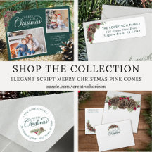 Elegant Script Merry Christmas Pine Cones Green
