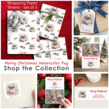 Merry Christmas Watercolor Pug Illustration
