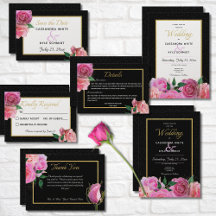 Black Glitter & Pink Roses Suite Cards