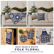 Navy Blue and White Folk Floral