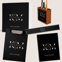 Stylish Monogram Black Gold Script Office School
