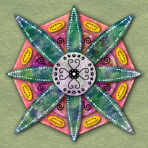 ma - Flower with 8 green pointy petals on red