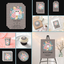 Modern Pink Owl Floral & Grid Baby Shower