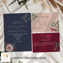 Rustic Navy Burgundy Fall Wedding Invitation Suite