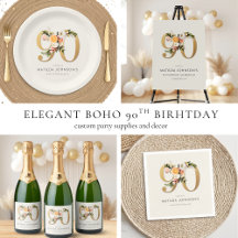 90th Birthday Floral Boho Gold Text Collection