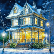 Pretty Illuminated Houses on a Christmas Eve Night