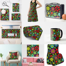 Neon Colors On Black Retro Floral Seamless Pattern