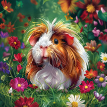 Long-Haired Guinea Pig Among Flowers