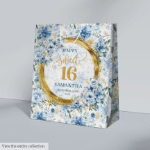 Dusty Blue Flowers Gold Sweet 16 Gift Bags 10-16