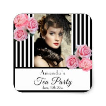 Tea party - Black white stipes vintage florals
