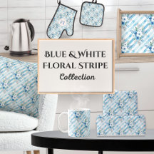 Blue and White Coastal Floral Striped Pattern