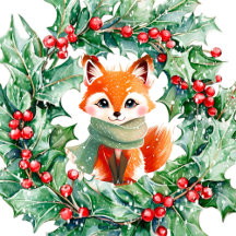 Winter Red Fox with Green Berry Wreath Baby Shower