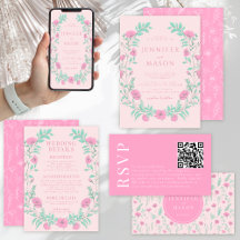 Pink teal green floral wreath wedding