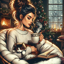 Cozy Christmas, Hot Cocoa and a Cat Women Reading