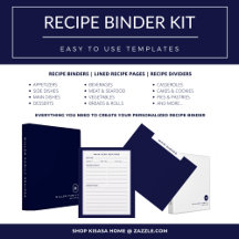 Recipe Binder Kit   Simple Navy Blue & White