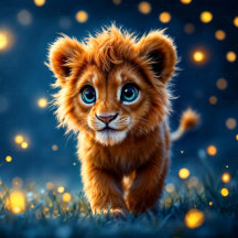 Cute Blue-Eyed Lion Cub in a Magical Night Scene
