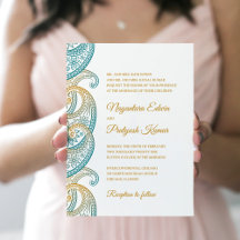 Indian Wedding Invitations Paisley, Teal and Gold