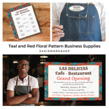 Teal and Red Floral Pattern Business Supplies