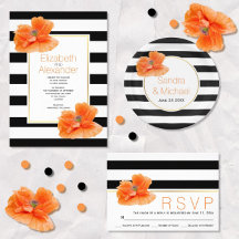 Coral poppy black white stripes wedding collection