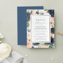 Navy Pink Floral Background Border Bridal Shower
