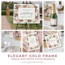 Elegant Gold Frame Mauve Pink White Floral Wedding