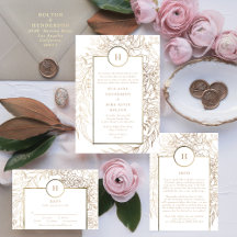 Gold Foil Black White Wreath Monogram Wedding Set